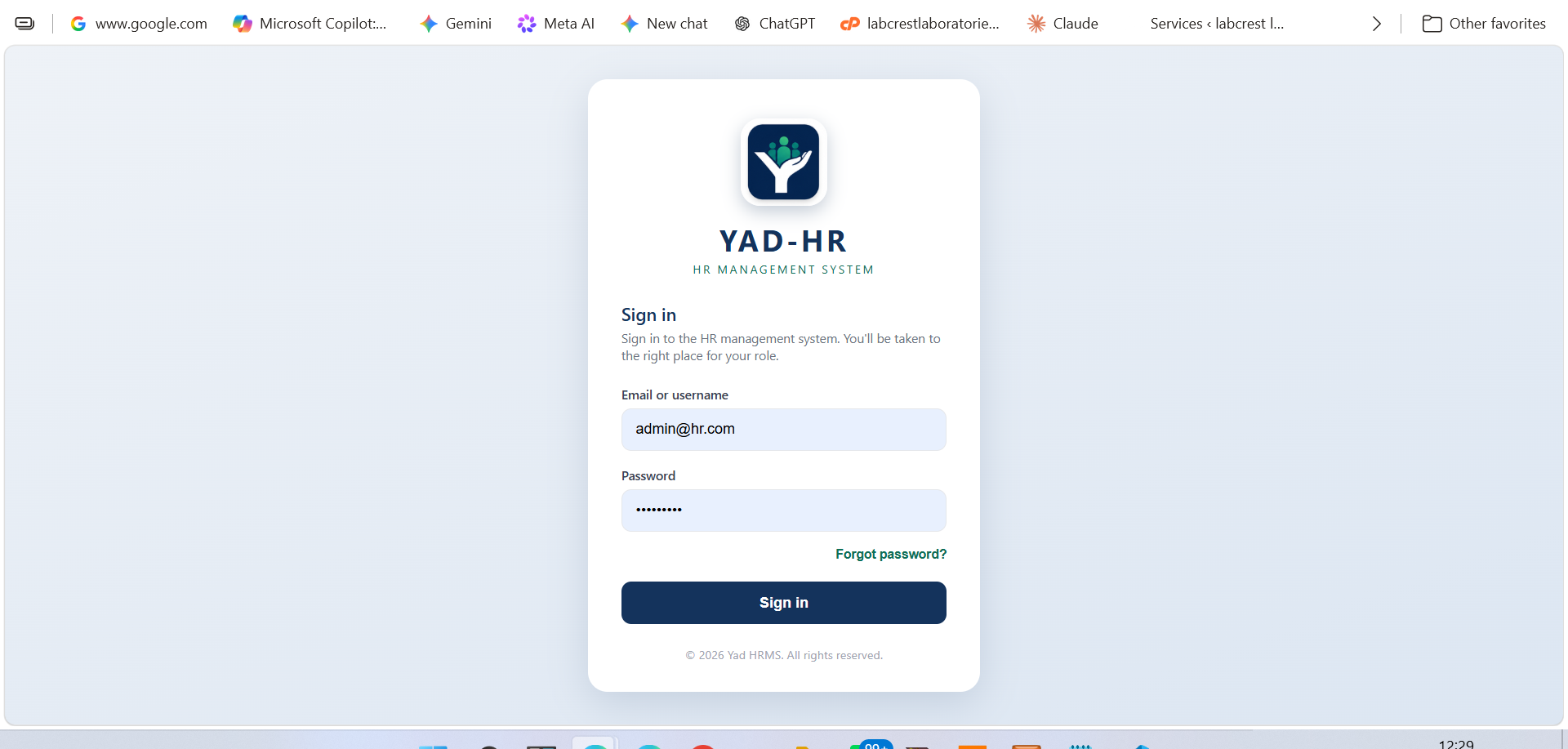 YAD-HR login screen